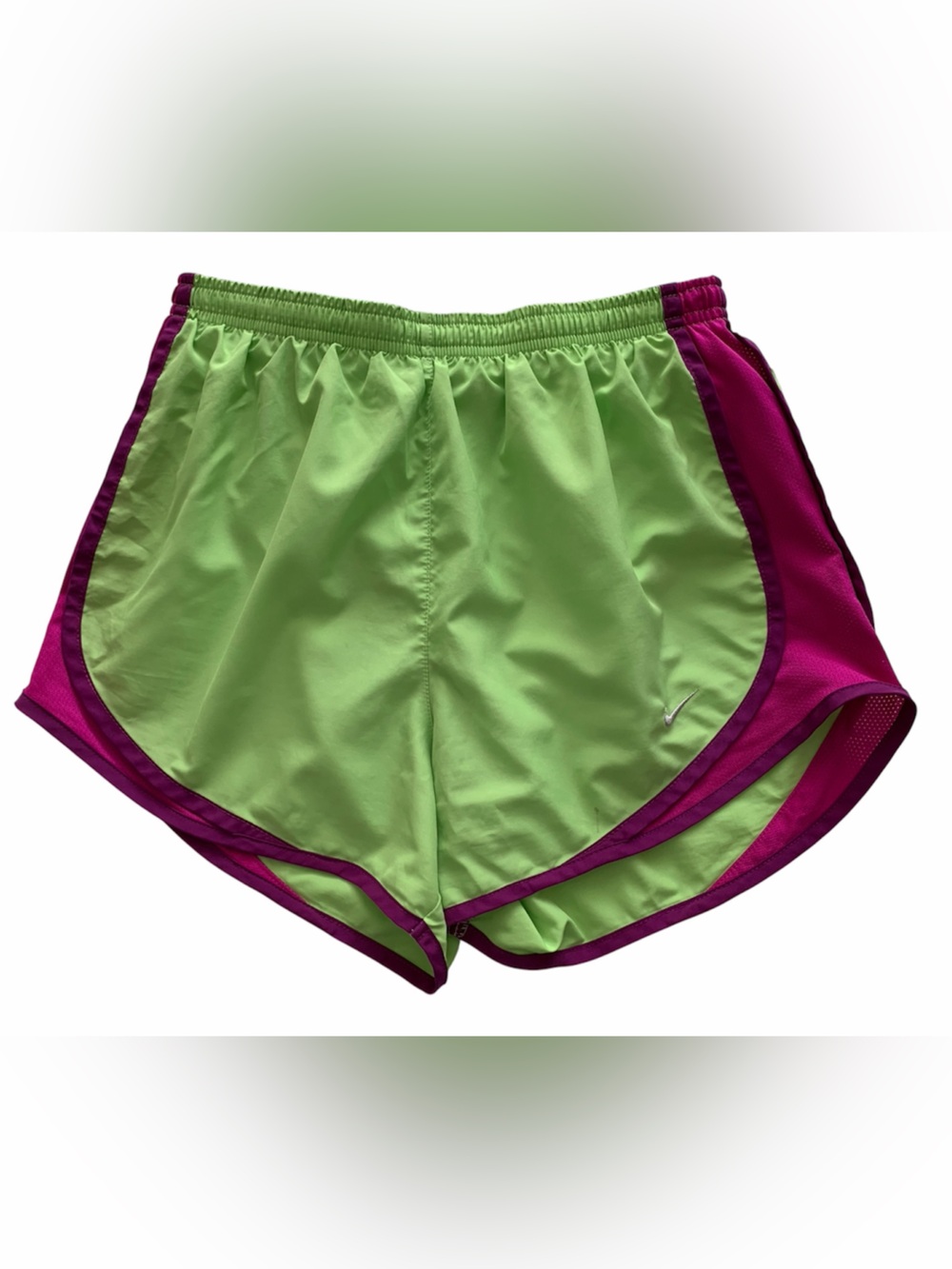 Nike Dri-Fit Tempo Running Shorts Green Women’s Size Small S Pink Purple Trim